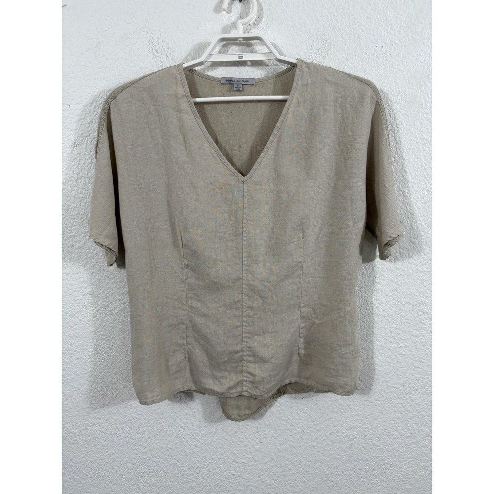 People Like Frank Shirt Womens 8 Beige Linen V Neck‎ Short Sleeve Sheer Back